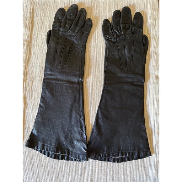 Vintage 1950s Black Leather Opera Gloves Long Gauntlet Evening Formal Wear - Picture 1 of 16
